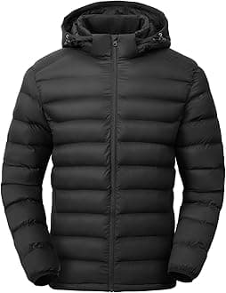 Men's Lightweight Puffer Jackets Detachable Hood Water-Resistant Casual Winter Coat Hooded Insulated for Travel Ski