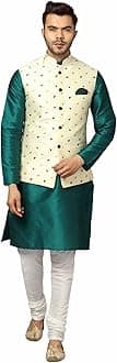 Uri and MacKenzieMen's Silk Blend Regular Kurta Churidar Pyjama with Bundi Nehru Jacket/Waistcoat