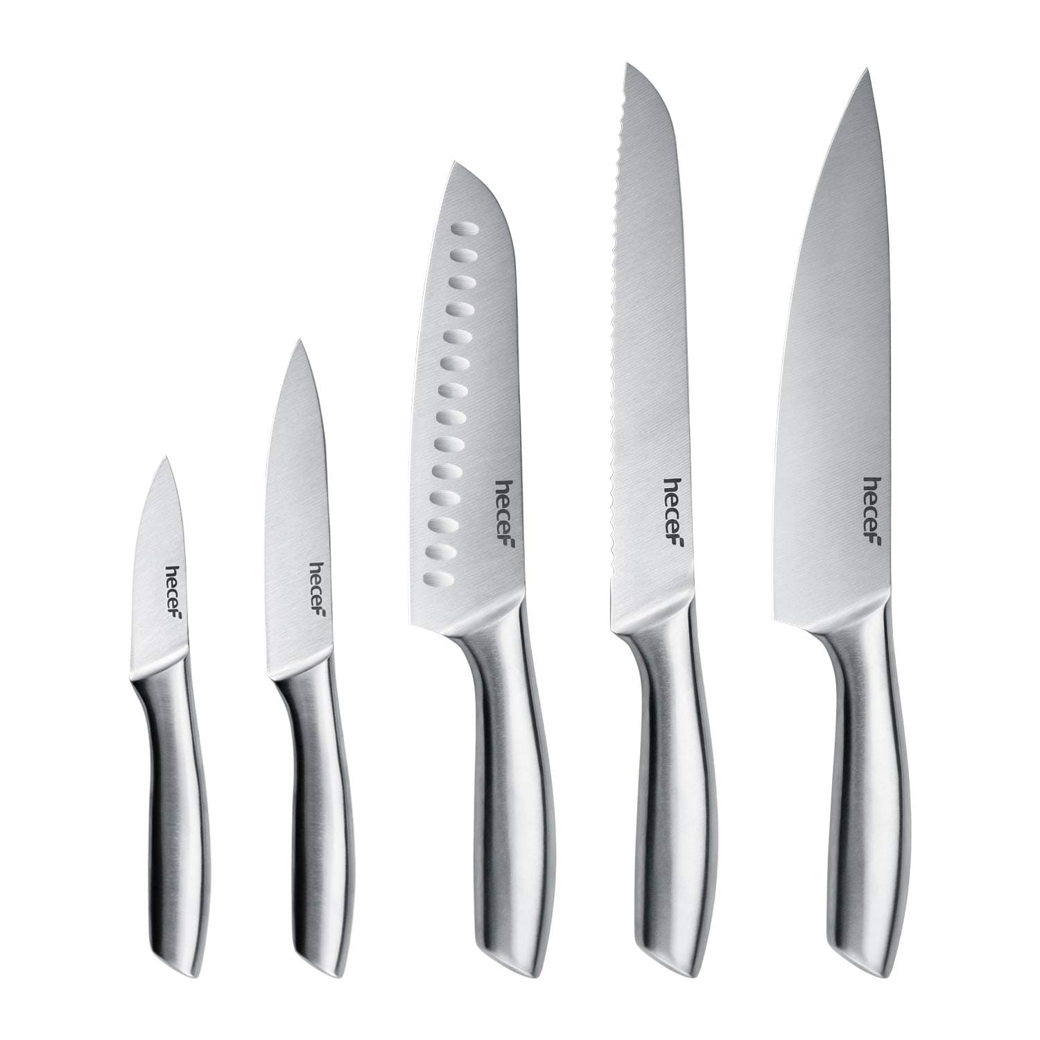hecef Premium Kitchen Knife Set of 5, Satin Finish Blade with Hollow Handle, Includes 8" Chef, 8" Bread Knife,8" Santoku,5" Utility & 3.5" Paring Knife