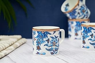 GOLDEN QUEEN'S Bone China Handcrafted Tea Cups - Set Of 6 | Ideal For Everyday Tea And Coffee, Enhancing Your Daily Rituals (Blue Florals & Chain, 200Ml)