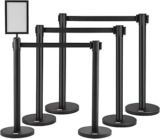 VEVOR Crowd Control Stanchions, 6-Pack Crowd Control Barriers, Carbon Steel Baking Painted Stanchion Queue Post with Sign Holder & 3PCS 6.5FT Retractable Belt, Belt Barrier Line Divider, Easy Assembly