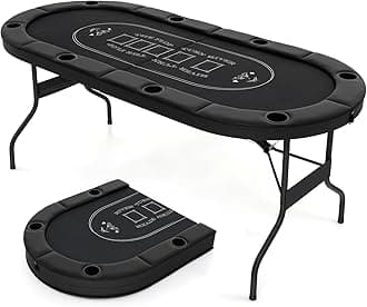 COSTWAY Foldable Poker Table for 8 Players, 182cm Folding Casino Leisure Card Board Game Tables with Metal Cup Holders, Padded Railings, Portable Blackjack Texas Holdem Poker Table (Black)
