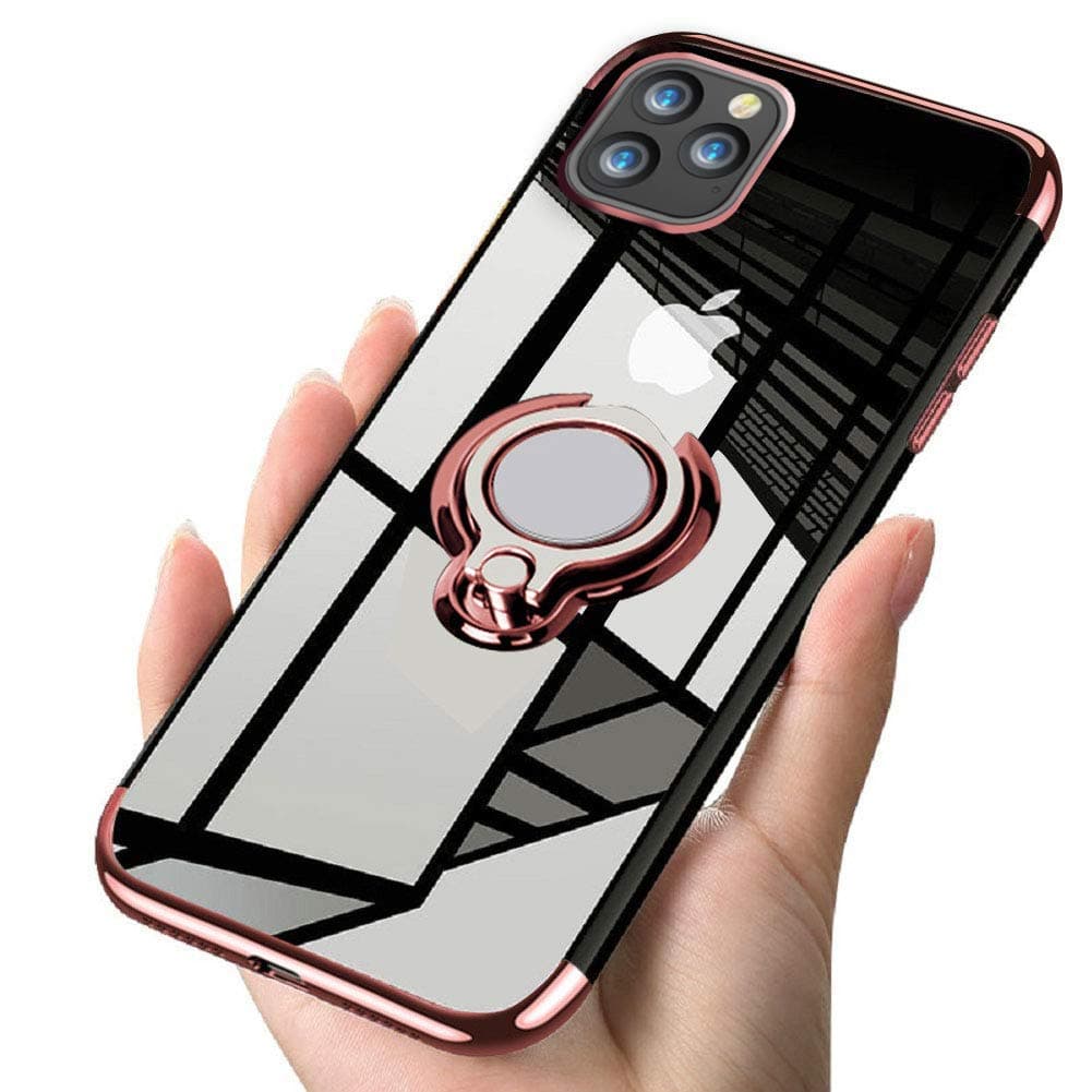 Oihxsetx Compatible with iPhone 11 Pro Max 6.5'' Case Clear 360° Rotatable Ring Holder Grip Stand Car Magnetic Mount Soft TPU Slim Fit Silicone Shockproof Bumper Protective Cover - Rose Gold