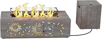 2-Piece 42" LED Rectangular Propane Fire Pit for Outside Patio with Hidden Tank Table, 50,000 BTU Fireplaces with Glass Wind Guard, Lid, Glass Rocks, Cover(Sunflower w/Warm Light)