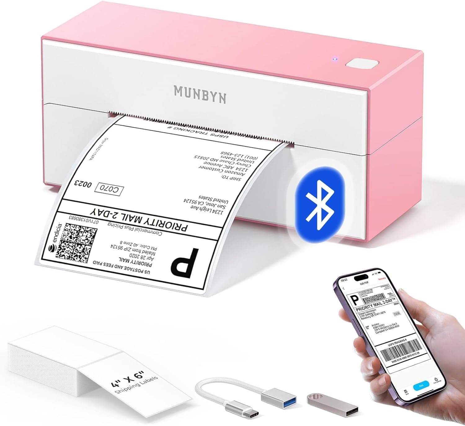 MUNBYN Bluetooth Thermal Label Printer, Wireless 4x6 label printer, Desktop Printer, for Shipping Packages Postage Small Business, for Etsy, Shopify, eBay, Amazon, Royal Mail, FedEx, ITPP129, Pink
