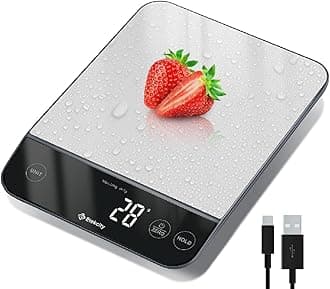 10kg Digital Kitchen Scales,Waterproof, USB Rechargeable Food Scales with LED Display,Hold&Tare Function for Cooking,Weight Loss,Stainless Steel