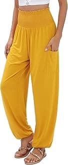 QIANXIZHAN Women's Harem Pants, High Waist Yoga Boho Trousers with Pockets, Yellow, Medium