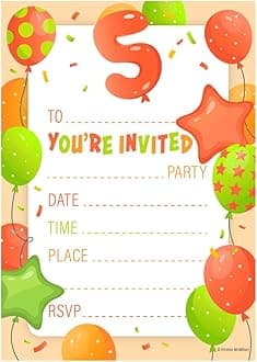 Kirsten McMillan 32 Orange Age 5 Birthday Party Invitations for Kids with Envelopes - Pack of 32 Balloon Party Invites for Girls & Boys - Designed and Printed in the UK
