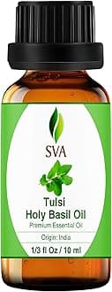 SVA Holy Tulsi Essential Oil – 1/3 Fl Oz – 100% Natural Tulsi Oil - for Diffuser, Hair Care, Face, Skin Care, Aromatherapy, Scalp and Body Massage, Soap and Candle Making