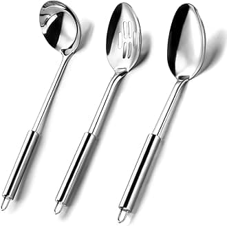 Pleafind Serving Utensils Set for Parties,3-Piece Silver Stainless Steel utensils set,Includes 1 Serving Spoon, 1 Slotted Spoon and 1 Soup Ladle,Serving Spoons for Buffet