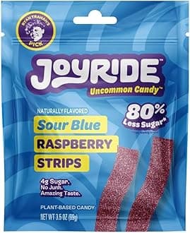 Joyride Sweets Sour Blue Raspberry Candy Strips, 3.5oz Pack, Sour Gummy Candy Strips, 80% Less Sugar, Plant Based Candy