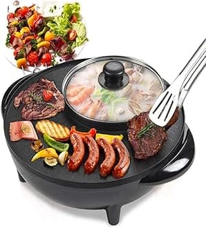 2 in 1 Hot Pot & BBQ Grill Griddle Pan, Baking Pan with Glass Lid Nonstick Coating Smokeless Electric Pan with Grill Plate (Baking Pan)