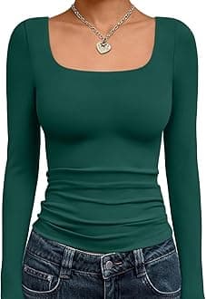 Trendy Queen Womens Square Neck Long Sleeve Shirts Double Lined Slim Fit Tops Y2K Going Out Basic Tees