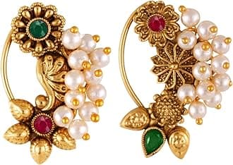Vighnaharta Golden Moti Pearls Nath Nathiya nose pin Gold Plated Alloy two Nose Ring valentine day gift valentineday gift for her gift for him gift for women gift for woment[VFJ1180-1181NTH-Press-Multi]