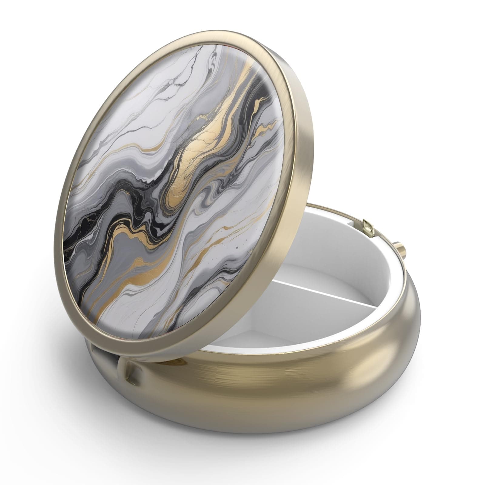 Hion Pill Case Pill Box with Mirror Retro 3 Compartment Small Pill Case for Purse or Pocket Bronze Small Roud Pill Box or Vitamins, Fish Oil, Supplements, Pill Containe Travel Gifts（Black Gold Marble）