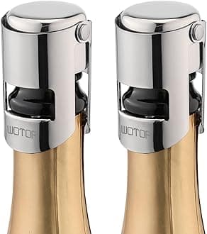 Champagne Stoppers Stainless Steel, Prosecco Bottle Stopper with Food Grade Silicone, Reusable Champagne Cork & Saver, Leak proof Keep Fresh (Silver, 2 Pack)