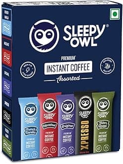 Sleepy Owl Pack of 10 Premium Instant Coffee Sachets | 2g Each - Flavoured Coffee Pouch | 5 Delicious Flavours - Original/Hazelnut/French Vanilla/Filter Coffee/Xpresso | Travel Pack - Easy to Use & Carry | Makes 10 Cups
