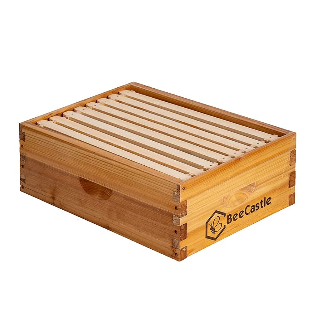 BeeCastle 8 Frame Medium Super Bee Hive Box, Langstroth Honey Bee Hive Dipped in 100% Beeswax Include Beehive Frames and Wax Foundations (Unassembled)