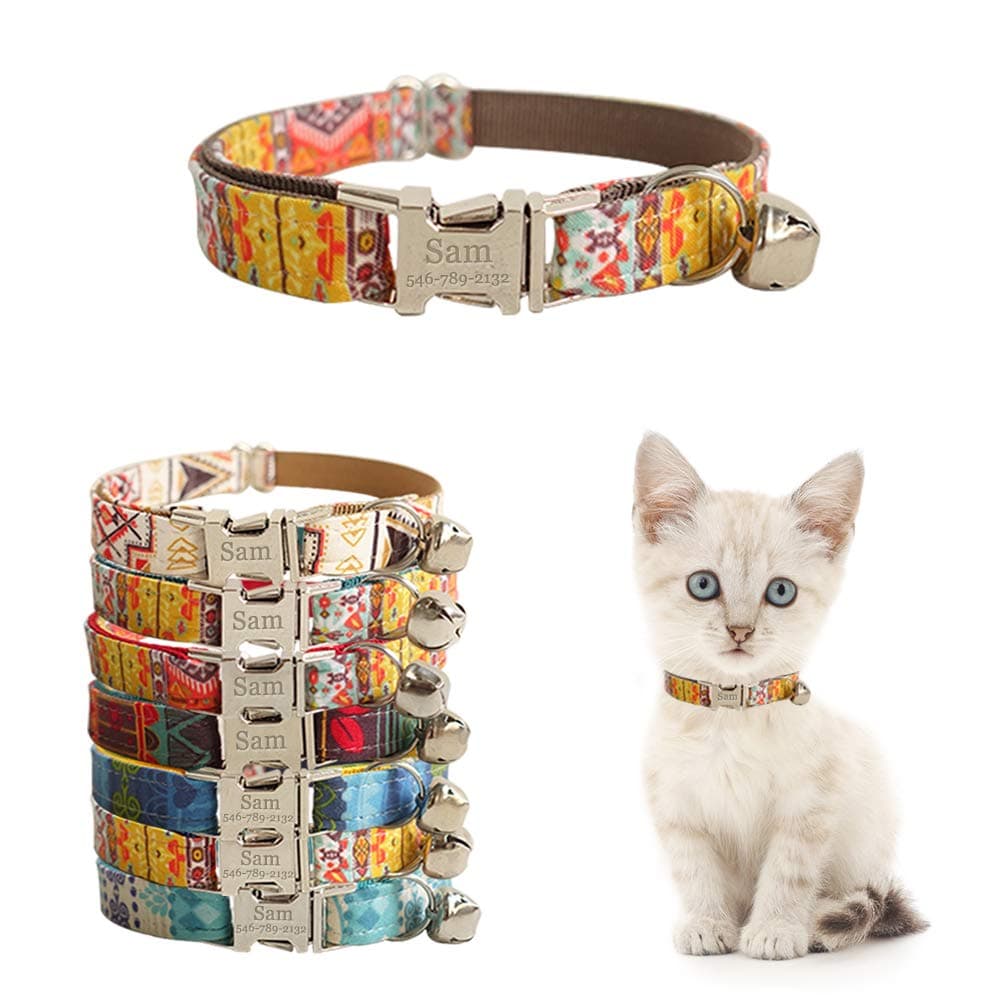 Personalized Cat Collar with Name Plate,Adjustable Tough Nylon Cat ID Collars with Bell,Customize Engraved Pet Name and Phone Number (Ethnic Style)