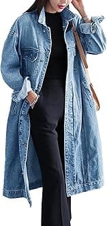 Womens Classic Jean Jacket Plus Size Loose Long Sleeve Button Down Denim Trench Coat