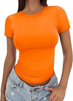 Trendy Queen Womens Basic T Shirts Summer Tops 2025 Crop Short Sleeve Slim Fit Tee Cute Gym Workout Clothes, Orange, S