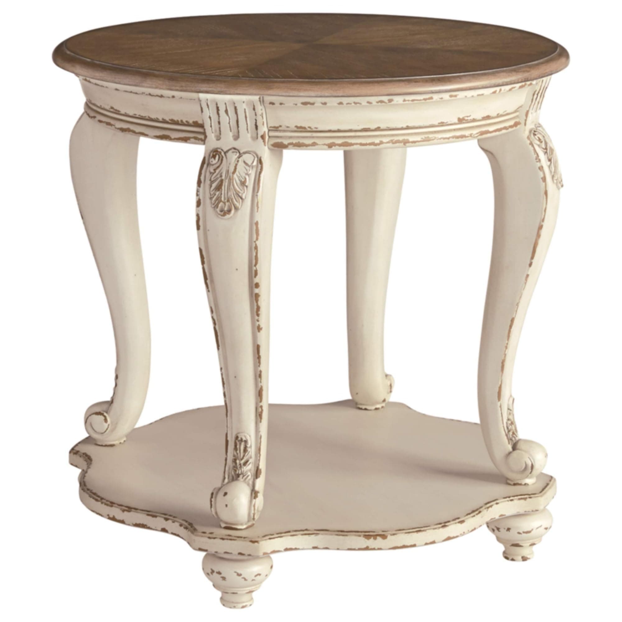 Signature Design by Ashley Realyn Round End Table, Cottage-Style Side Table with Antiqued Two-Tone Finish, Wood & Veneer Construction for Living Room or Bedroom, White/Brown