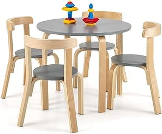 Costzon Kids Table and Chair Set, 5-Piece Wooden Activity Desk Set w/Toy Bricks, Classroom Playroom Daycare Furniture for Playing, Drawing, Reading, Bentwood Toddler Table and Chairs (Grey)