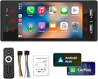 Single Din Car Stereo with Wireless Carplay Android Auto, 5 Inch Touchscreen Car Radio with Mirror Link Bluetooth Handsfree FM Raido USB Type C Charging TF EQ SWC