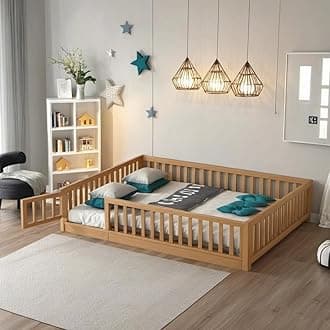 Queen Size Montessori Floor Bed Frame with Convertible Door & Wood Slats for Kids,Wood Montessori Bed with Safety Guardrails for Girls & Boys,Natural