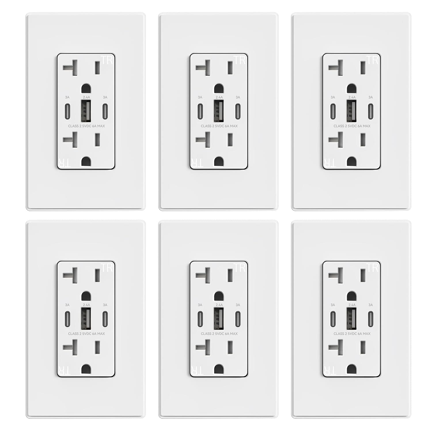 USB Outlets, 30W 6.0 Amp USB C Outlets Receptacles, 3-Port USB Wall Outlet, 20 Amp Tamper-Resistant Outlet with 2 USB C Ports, UL Listed, Screwless Wall Plate Included, 6 Pack, Matte White