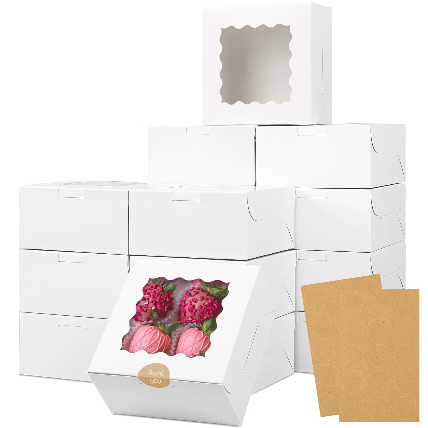 30pcs White Cookie Boxes with Window, 6x6x3 Inches, Bakery Boxes for Cookies, Pastry,Strawberries, Small Pie, Macarons