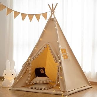 Teepee Tent for Kids Tent Indoor, Cotton Canvas Kids Teepee Tent for Girls & Boys, Pompom Ball Design with Floor Mat,Carry Case,Banner,Play Cottage with Star Light, Foldable Teepee Tent for Kids