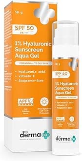 - The Derma Co 1% Hyaluronic Sunscreen Aqua Gel SPF 50 PA++++ | Hydrating, Lightweight & Non-Greasy | No White Cast | Broad Spectrum & Blue Light Protection | Clinically Tested - (In-Vivo) | 50 g