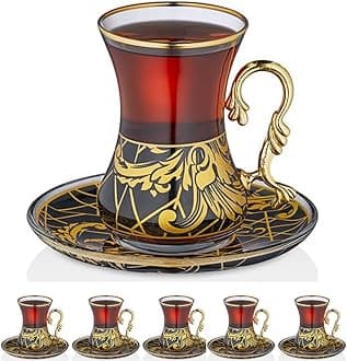 Gold Vintage Turkish Tea Glasses Cups and Saucers Set of 6 Drinking Glassware Party Adults Fancy Serving Coffee Tray Drinks Kettle Women Christmas Gift Teacup Handle Moroccan Drinkware Rim