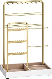 SONGMICS Jewellery Stand, Jewellery Organiser, Jewellery Display Stand with Metal Frame and Velvet Tray, Earring Bracelet Holder, Necklace Stand, for Studs, Rings, Gift Idea, Gold Colour JJS021A01
