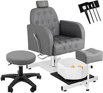 Reclining Pedicure Chair with Foot Massage Basin & Stool, Hydraulic Adjustable Pedicure Chair Station, 360° Rotation Beauty Spa Salon Unit Station Gray