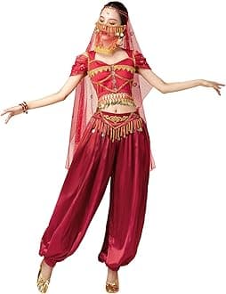 Arabian Jasmine Costume for Women Princess Dress Up Halloween Belly Dance Top Pants 4 Piece Outfit