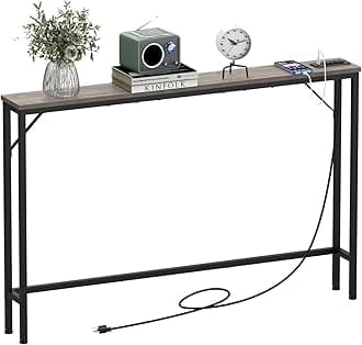 Tohomeor 5.9" Skinny Behind Sofa Console Table with Charging Station 47.2" Narrow Long Behind Couch Table with Power Outlets USB Ports Thin Entry Table for Entryway Living Room Hallway Retro Grey