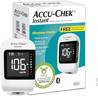 Accu-Chek Instant Blood Glucose Glucometer (with Bluetooth) with Vial of 10 Strips, 10 Lancets and a Lancing Device FREE for Accurate Blood Sugar Testing
