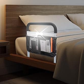 Bed Rails for Elderly Adults Safety with Adjustable Heights Storage Pocket Assist Support Side Railings Seniors Slides Under Mattressbed Cane Guard Bed Handles Bars (White (with Light))