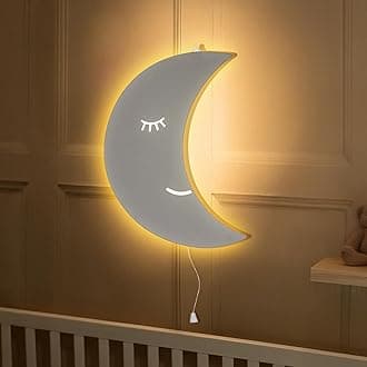 Marco Paul Wooden Moon LED Night Light, Battery Powered Wall Mounted Lamp for Kids Bedroom & Nursery, Warm White Bedside Wall Light, Decorative Home Lighting, Ideal Baby Gift & Room Decor