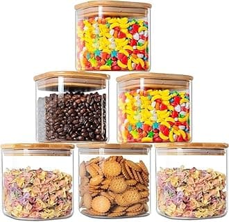 Glass Canisters Food Storage Containers Set With Airtight Bamboo Wooden Lids - Food Storage Glass Jar for Candy, Cookie, Rice, Sugar, Flour, Pasta, Nuts (685ML SQUARE JAR, 6 PCS) Transparent
