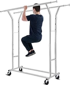 HOKEEPER 330 Lbs Load Capacity Commercial Grade Clothing Garment Racks Heavy Duty Double Rails Adjustable Collapsible Rolling Clothes Rack on Wheels, Chrome Finish