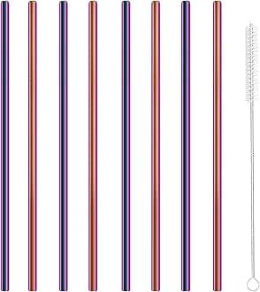 Stainless Steel Straws Metal Reusable Drinking Straw for Juice Iced Coffee Cold Beverage Water Highball Glasses 20oz Tumblers Mugs Cups, 0.24" 6mm Wide 215mm Long, Set of 8 with Brush, Colorful