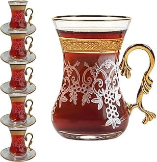 Gold Vintage Turkish Moroccan Persian Arabic Tea Glasses Cups and Saucers Set of 6 Drinking Glassware Party Adults Fancy Coffee Drinks Kettle Women Teacup Handle Drinkware Teapot