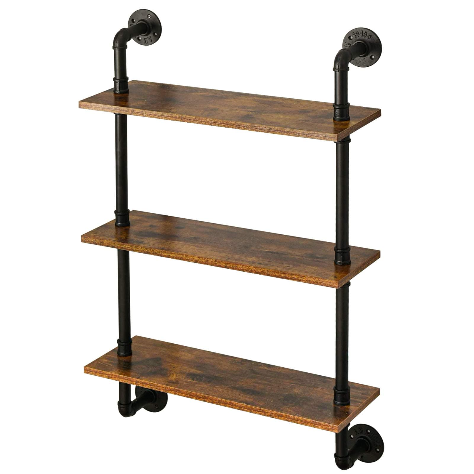 Industrial Pipe Shelves, Pipe Floating Shelves, Rustic Wall Mount Bookcase, 3-Tiers, 23.6" Metal Bracket Storage Wall Shelf for Bedroom, Kitchen, Living Room, Bathroom RF-TM003