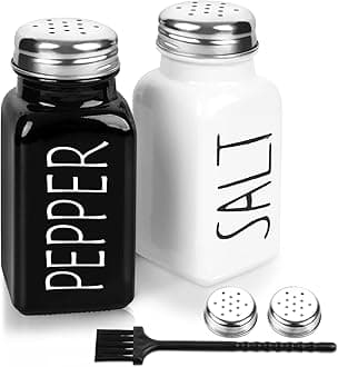 2 Pack Salt and Pepper Shakers Set, Glass Shaker with Stainless Steel Lid, Modern and Cute Farmhouse (Black and White)