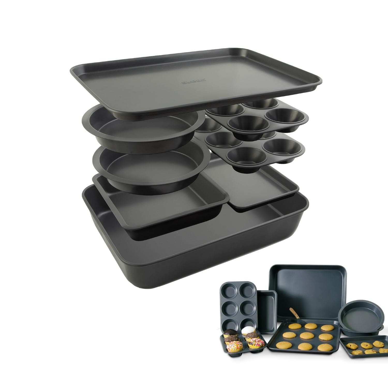Elbee Home 8-Piece Nonstick Aluminized Steel, Space Saving Baking Set, With Deep Roasting Pan, Cookie Sheet, Cake Pans, Muffin Pans and Baking Pan PFOA & PFOS Free, Holiday Gift for Her