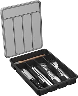 – Silverware Organizer with Lid, Covered Utensil Tray for Kitchen Drawer and Countertop, Plastic Cutlery and Flatware Storage Box for Spoons Forks Knives Holder Case, 5 Compartments, Black