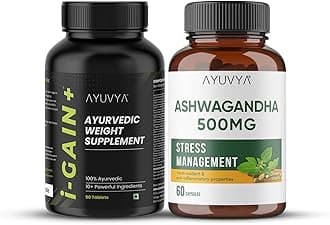Ayuvya i-Gain+ & Ashwagandha Combo | i-Gain+ Helps In Improving Appetite, Diestion & Nutrient Absorption | Ashwagandha Capsules Helps In Stress Relief & Supports Muscle Strength | As Seen On Shark Tank